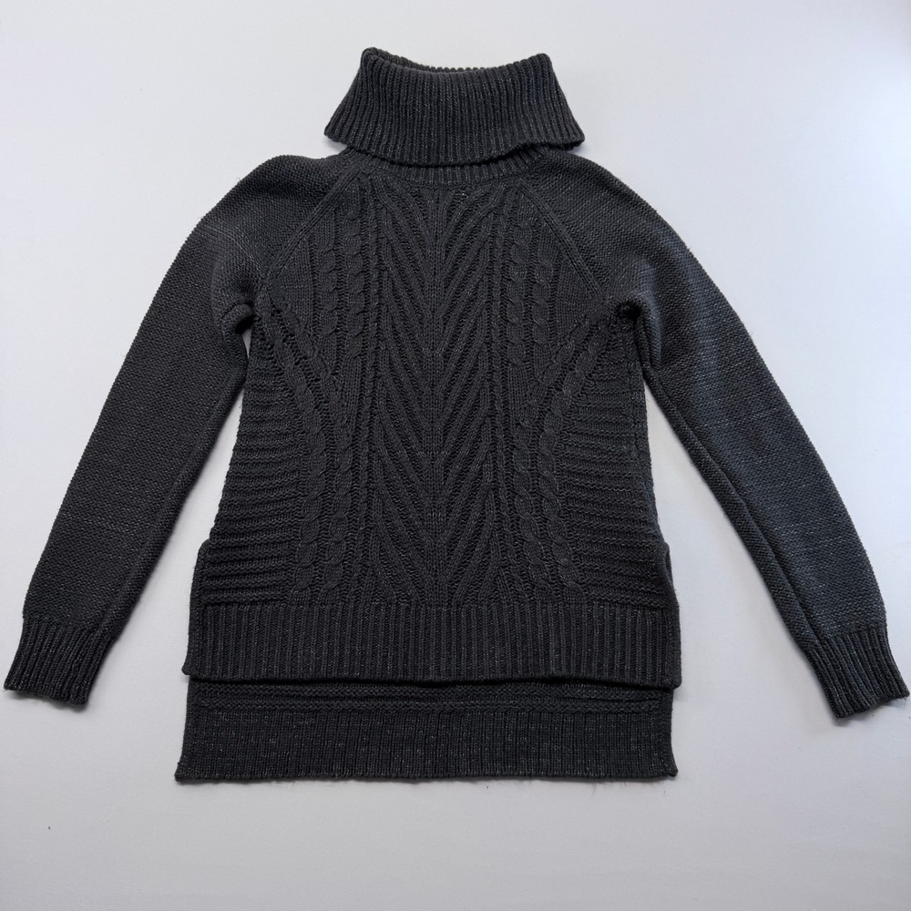 Elle Charcoal Gray Cable Knit Turtleneck Sweater High Low Hem Size M